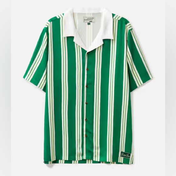 Green and White Casual Button Down Shirt with Vertical Stripes - Picture 1 of 4